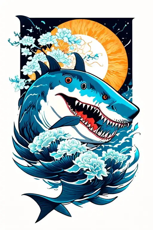 sun and shark and gun and roll and gost and dark blue tattoo design idea