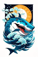 sun and shark and gun and roll and gost and dark blue tattoo design idea