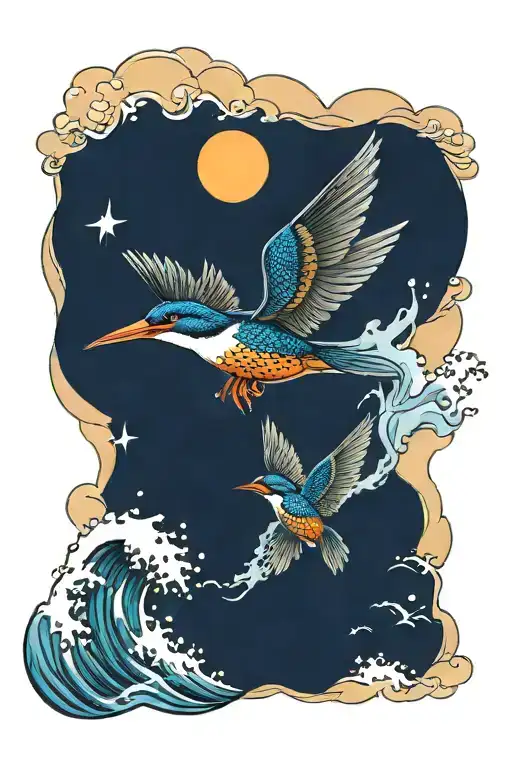 flying kingfisher with wave and Philippines sun tattoo design idea