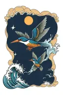 flying kingfisher with wave and Philippines sun tattoo design idea