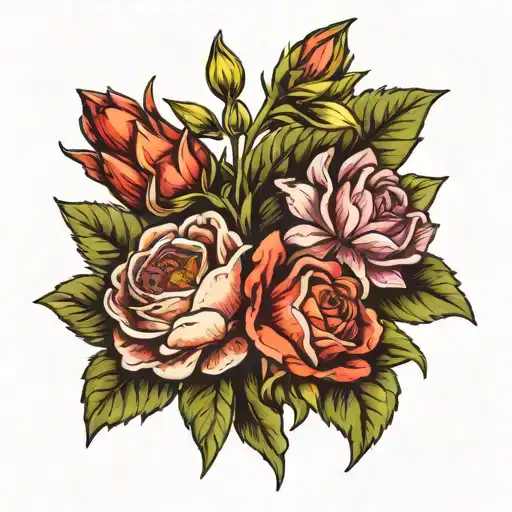 April, July and august birth flower bouquet tattoo design idea