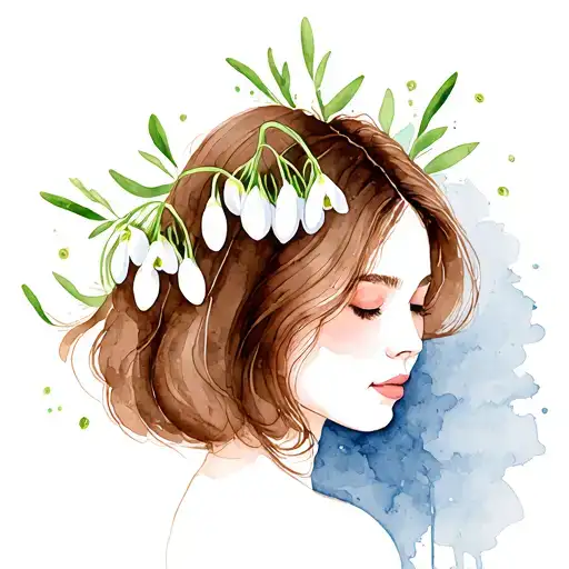 woman with brown hair and snowdrop flower on the head tattoo design idea