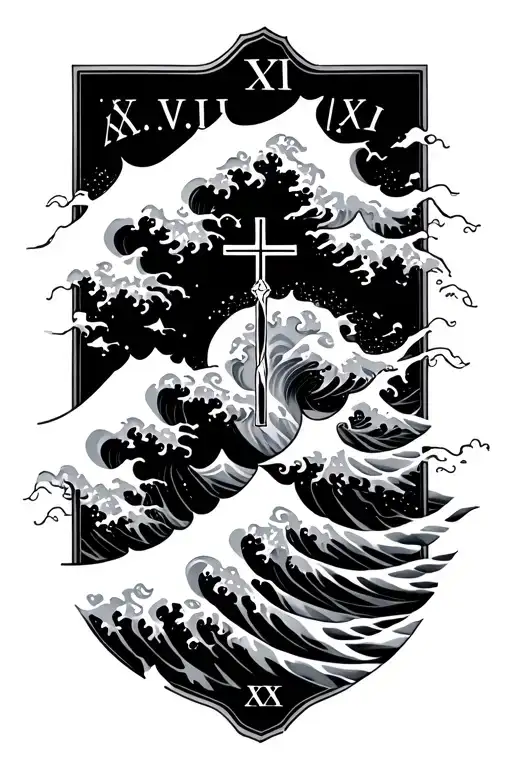 Japanese wave breaking with cross on elbow and Roman numerals X.VI.XVI small font  tattoo design idea