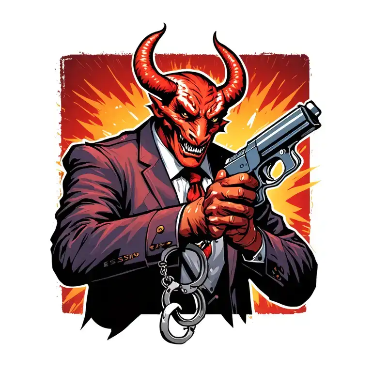 The Tasmansky Devil dressed in the form of the FSIN, holds handcuffs and a stun gun in his hands tattoo design idea