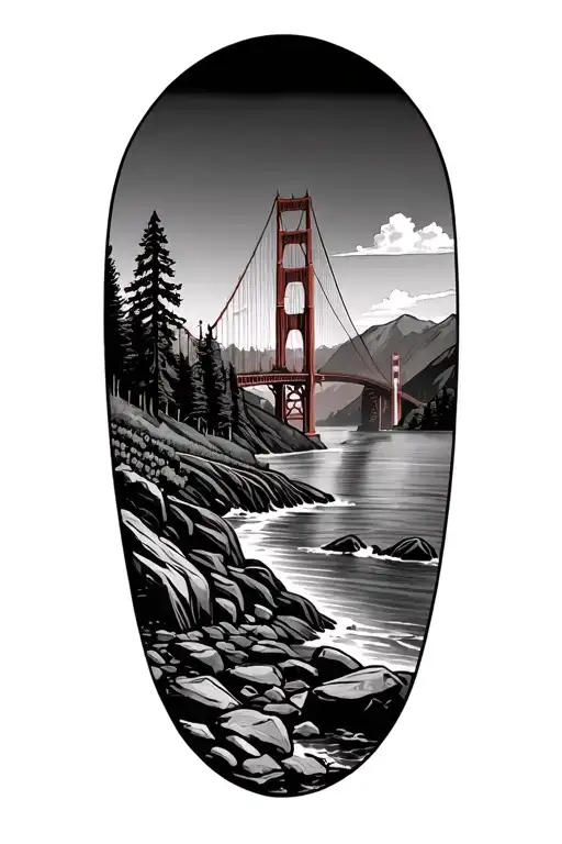 Golden Gate Bridge, Napa valley vineyard, redwood trees, water and rocks, mountains tattoo design idea