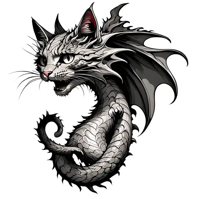 floating cat dragon tattoo design idea