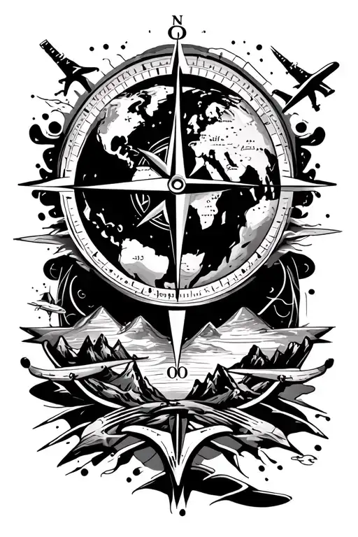 tattoo design white and black featuring compass, mountain, earth globe, world map, and airplane elements symbolizes a pa tattoo design idea