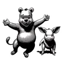 Winnie the Pooh with his arms wide open next to Piglet, who is standing on one leg. tattoo design idea