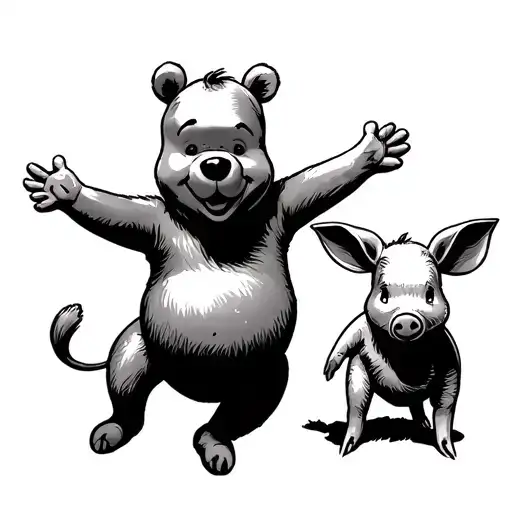 Winnie the Pooh with his arms wide open next to Piglet, who is standing on one leg. tattoo design idea