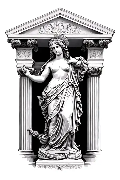 A detailed forearm tattoo design of a Greek Caryatid statue column. Vertical composition showing a female figure sculpte tattoo design idea
