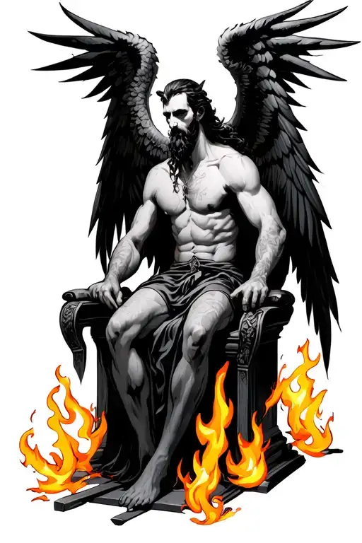 Lucifer sitting on his throne in hell, he has no horns. He does have black angelic wings. There are flames surrounding tattoo design idea