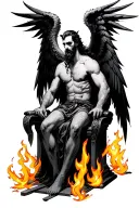 Lucifer sitting on his throne in hell, he has no horns. He does have black angelic wings. There are flames surrounding tattoo design idea