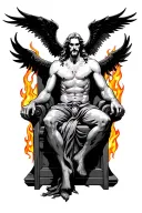 Lucifer sitting on his throne in hell, he has no horns. He does have black angelic wings. There are flames surrounding tattoo design idea