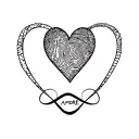 heart with fingerprint mixed with infinity sign with the word Amore tattoo design idea
