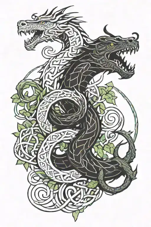 a Celtic design with 3 separate creatures. a sea serpent, a green dragon and a stag surrounded by ivy tattoo design idea