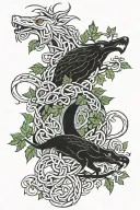 a Celtic design with 3 separate creatures. a sea serpent, a green dragon and a stag surrounded by ivy tattoo design idea