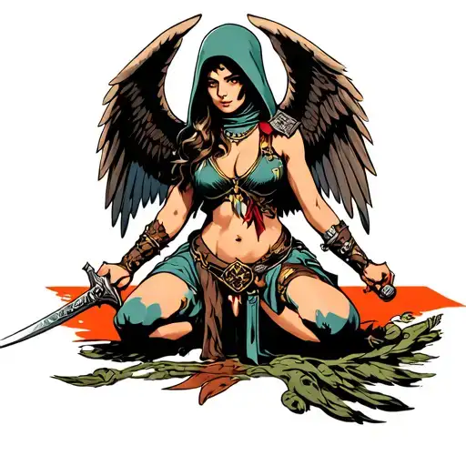 amazon warrior woman sword wings hood kneeling tattoo design idea