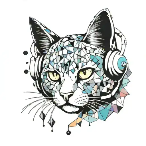 A vibrant and playful tattoo of a cat with anime-style eyes wearing headphones and surrounded by colorful geometric shapes tattoo design idea