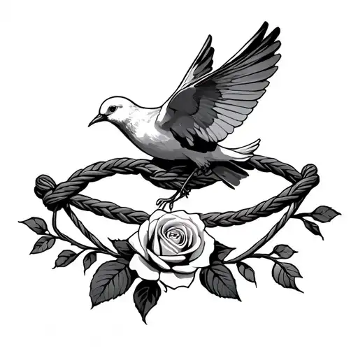 rose on the bottom, Alejandro Vazquez in the middle and a dove bird on the rope, memorial tatto tattoo design idea