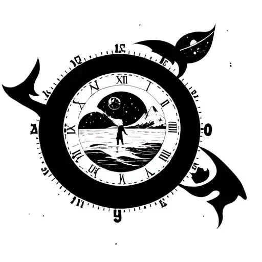 moon or a planet inside a time dial, words let it be, beach, mountain, lost  man standing, less black ink minimal tattoo tattoo design idea