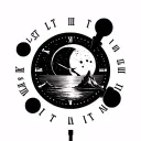 moon or a planet inside a time dial, words let it be, beach, mountain, lost  man standing, less black ink minimal tattoo tattoo design idea