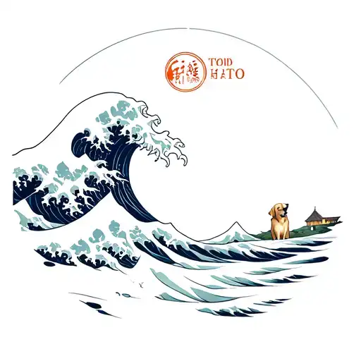 Can you make me a tattoo with a Japanese great wave and a lotr hobbit house with a golden retriever all as a triba tattoo design idea