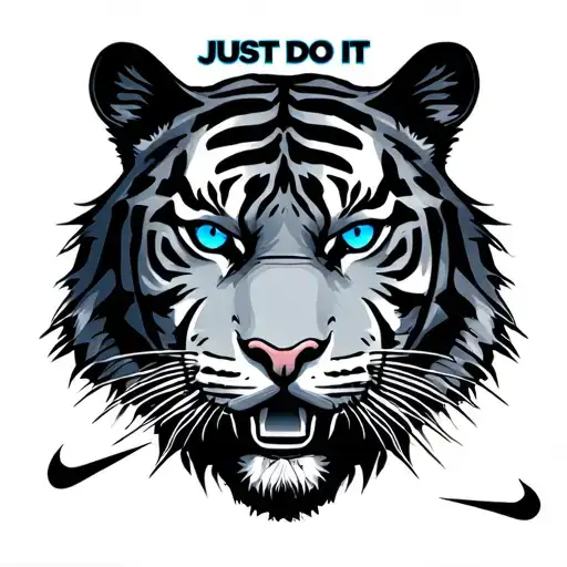 tiger head with text JUST DO IT  Nike swoosh logo blue eyes on tiger blue Nike ombre blue to white tattoo design idea
