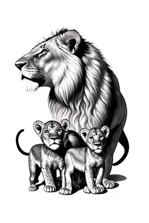 Lioness and 3 lion cubs, 2 girls and 1 boy tattoo design idea