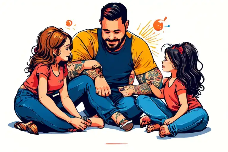 3 daughters playing with father tattoo design idea