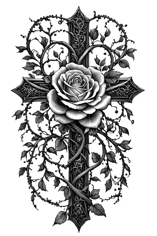 gothic rose vine wrapped around a cross tattoo design idea