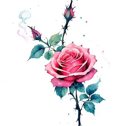 an open scar from which grows a rose bush with thin stems, a few thorns, and a blooming rose in the center pink smoke tattoo design idea