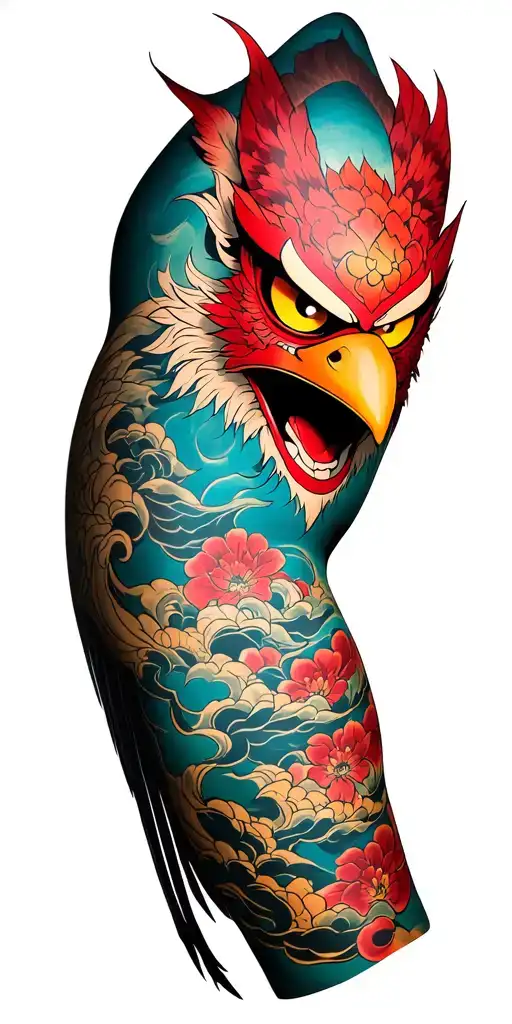A detailed full sleeve and chest tattoo inspired by Japanese mythology, featuring a vivid red Tengu mask with yellow eye tattoo design idea
