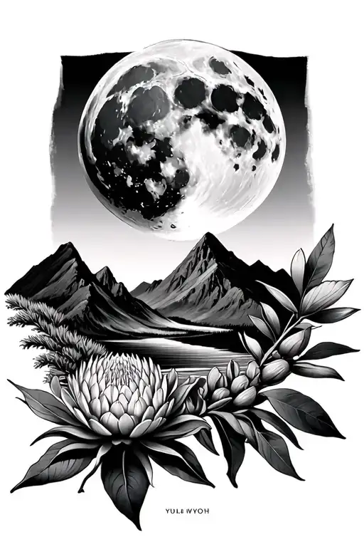 full moon cycle AND TABLE MOUNTAIN AND PROTEAS tattoo design idea