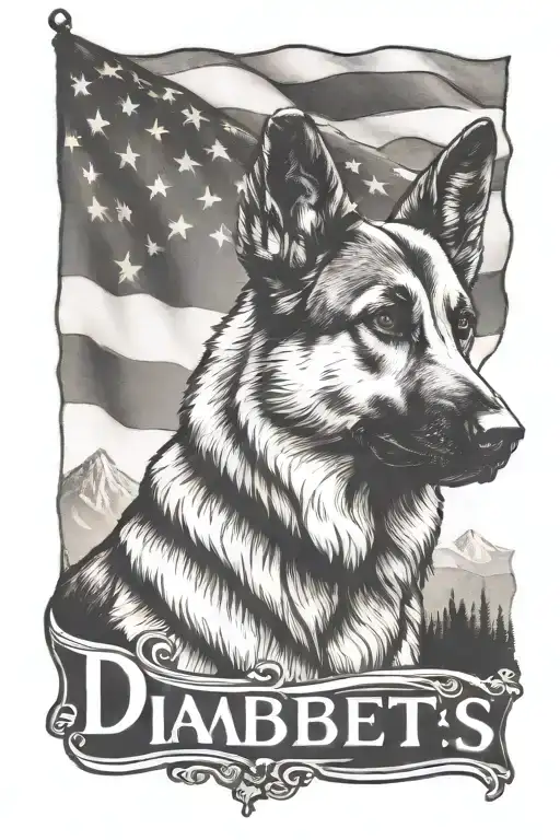 portrait of German shepherd saying "diabetes" mountain scene American flag tattoo design idea