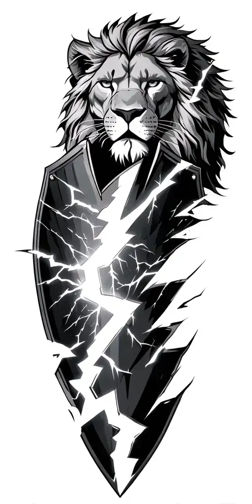 Leo warrior shattered shield lightning tattoo design idea