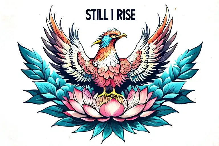 "STILL I RISE" a phoenix rising from the sky  with lotus flower surrounded tattoo design idea