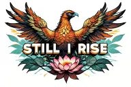 "STILL I RISE" a phoenix rising from the sky  with lotus flower surrounded tattoo design idea