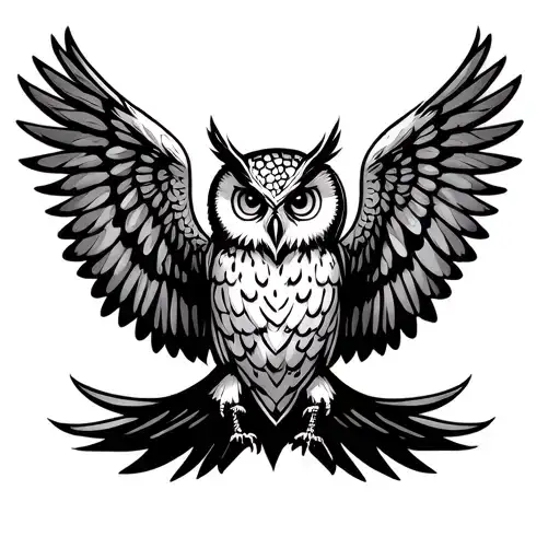 a graphic symbolic image of an owl with outstretched wings, symmetrical about the vertical axis, the ends of the wings r tattoo design idea