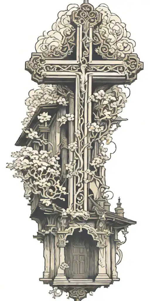 The inside of a catholic church with an upside down cross tattoo design idea