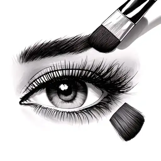 makeup brushes in hand and a face with strongly defined eyelashes tattoo design idea