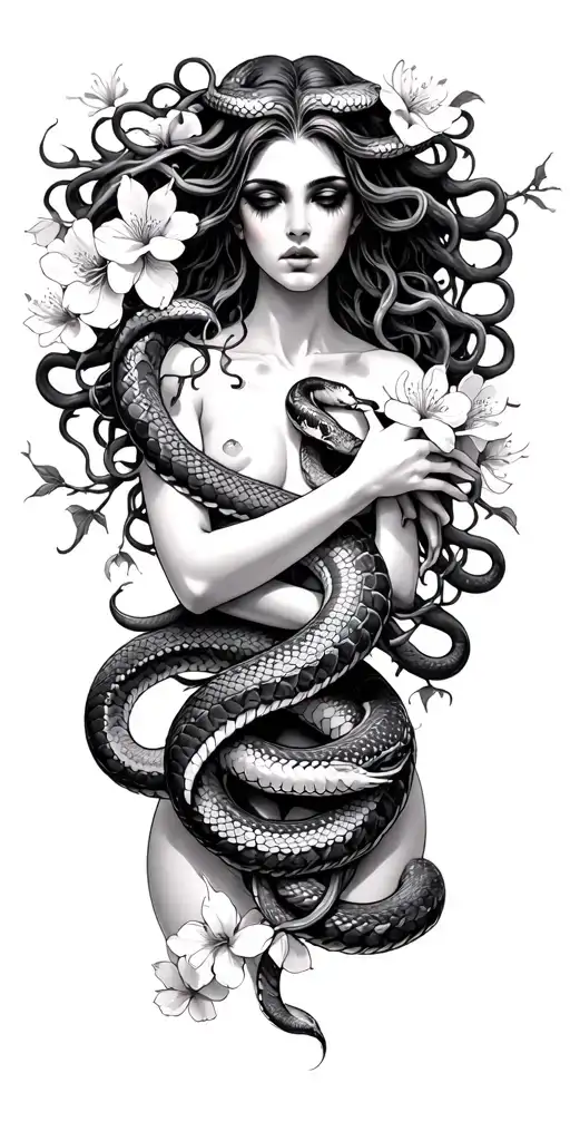 Medusa with snakes and cherry blossoms wrapped arms around herself tattoo design idea
