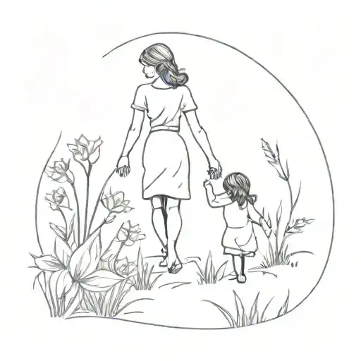 mother holding daughters hand walking  in field of Narcissus and marigold flowers tattoo design idea