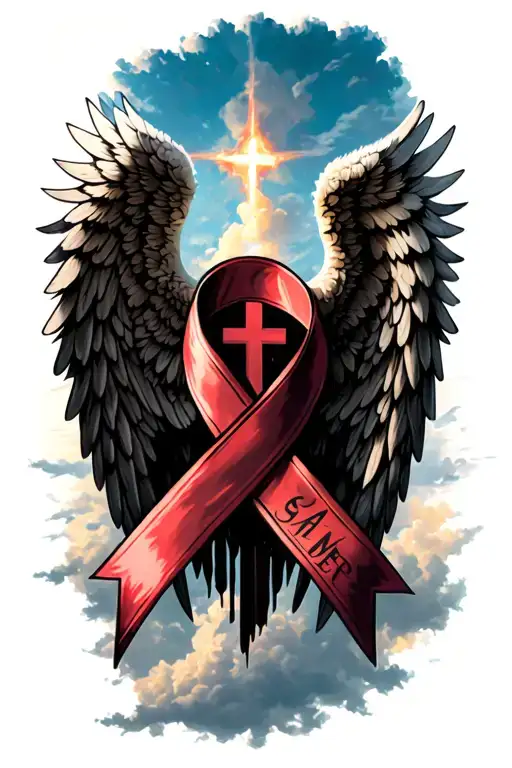 angel wings and a big cross a cancer ribbon with clouds in the background  tattoo design idea