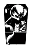 Alien cat luring man into a box realm tattoo design idea