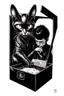 Alien cat luring man into a box realm tattoo design idea