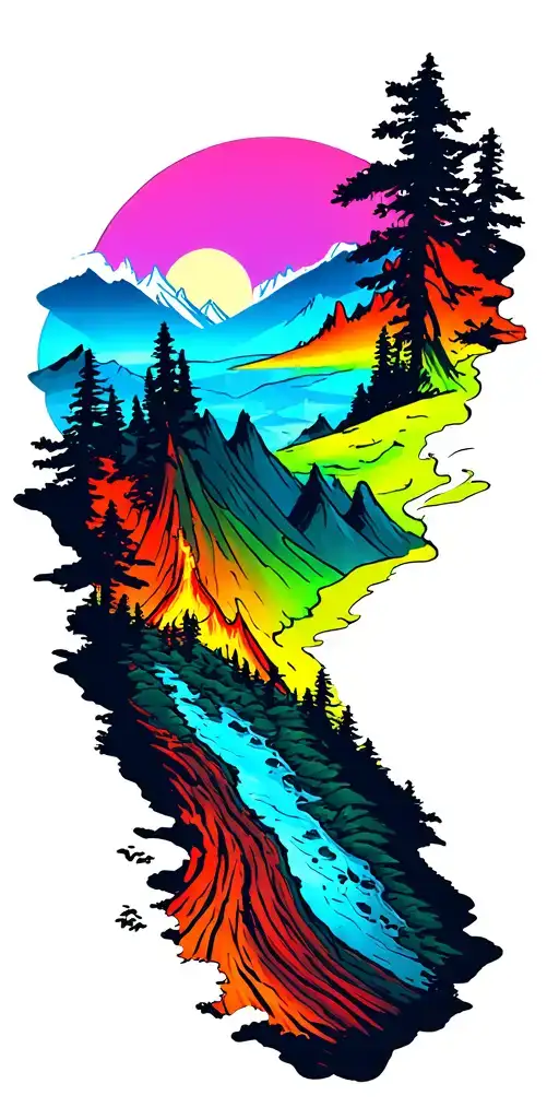 volcano forrest and mountains tattoo design idea
