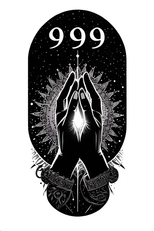 "999"  black and grey art of mirrored praying  hands constellation with mandala background sci fi fantasy gothic hyper  tattoo design idea