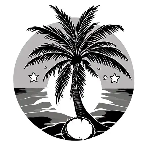 COCONUT TREE WITH 3 STARS AND A SUN tattoo design idea