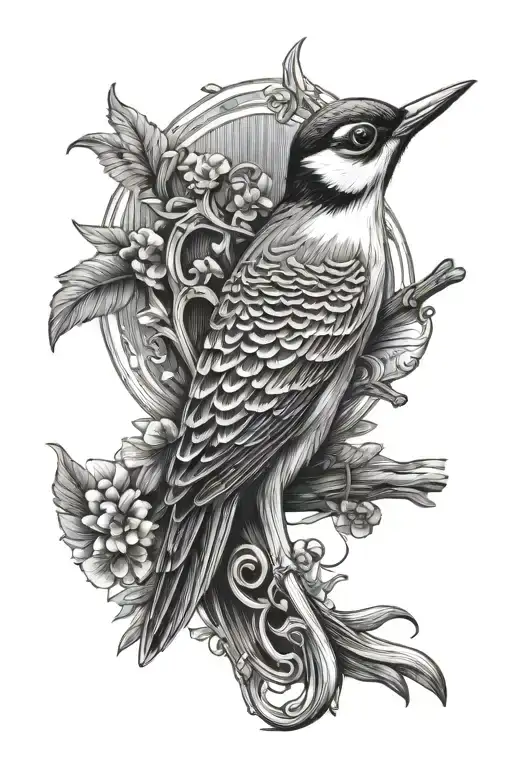 woodpecker, harp, puzzles tattoo design idea
