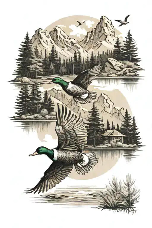 pond with ducks flying in front of mountains and pine tress all around  tattoo design idea